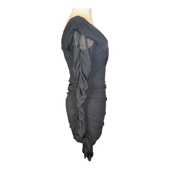 Stella Luce Bodycon Black Ruched Off the Shoulder Mini Dress Sheer Sleeves Large - Picture 4 of 11